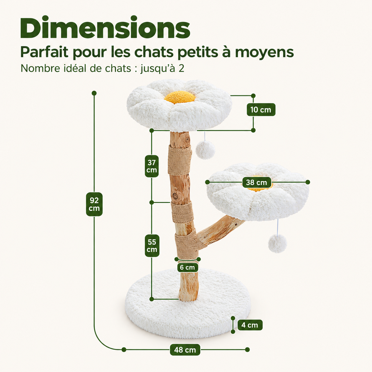 Dimensions de l'arbre à chat Clairière : hauteur, perchoirs fleur et base ronde de 48 cm