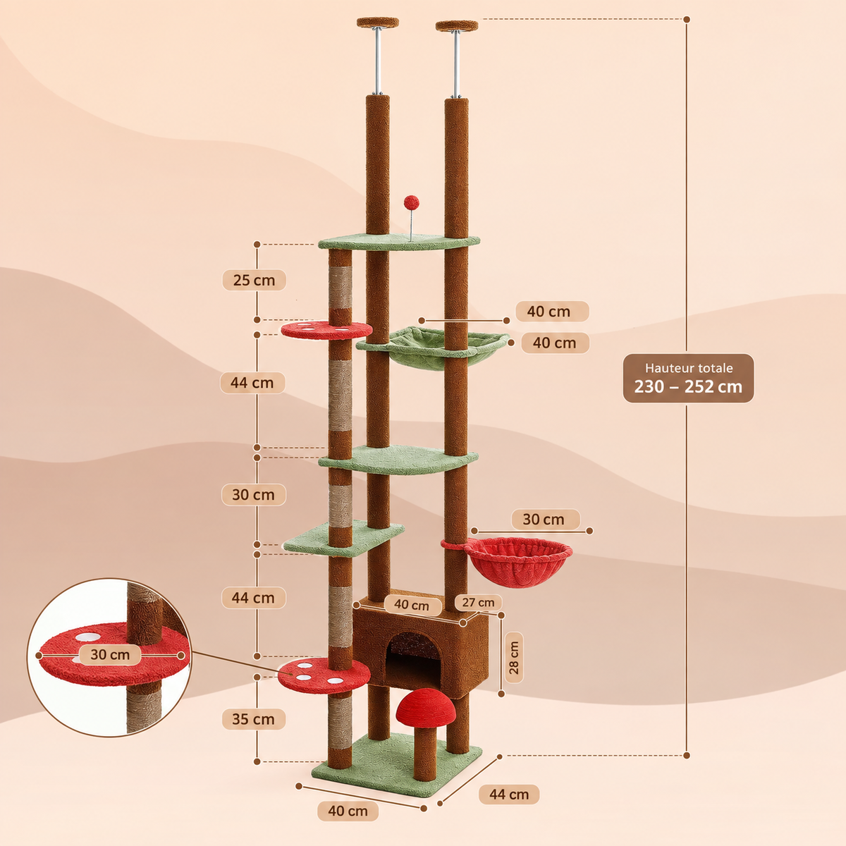 Schéma détaillé des dimensions de l'arbre à chat Cime Marron : hauteur réglable de 230 à 252 cm