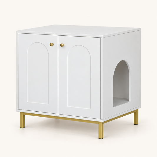 Meuble cache-litière Console blanc à doubles portes en arche et pieds dorés
