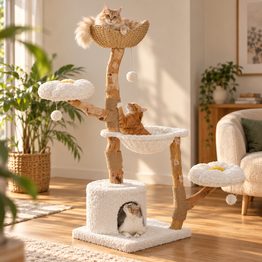 Arbre à chat Poirier en bois massif installé dans un salon