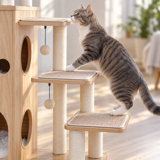Chat sur les marches en sisal de l'arbre à chat Cabane