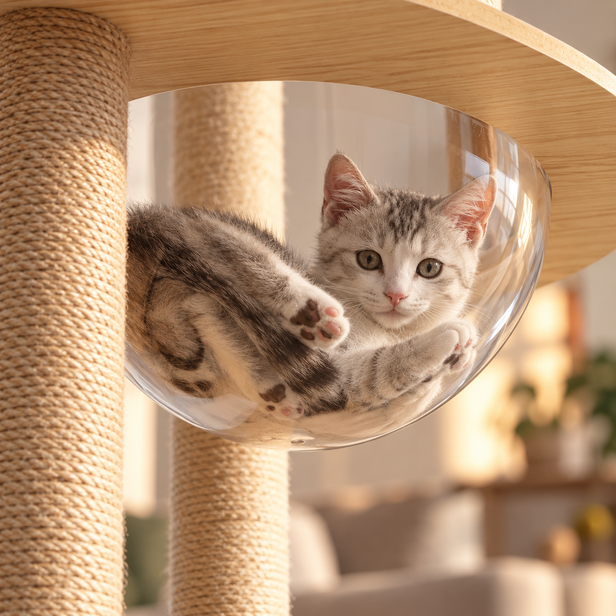 Chat installé dans le bol transparent en acrylique de l'arbre à chat Grand Duc, détail des poteaux en sisal