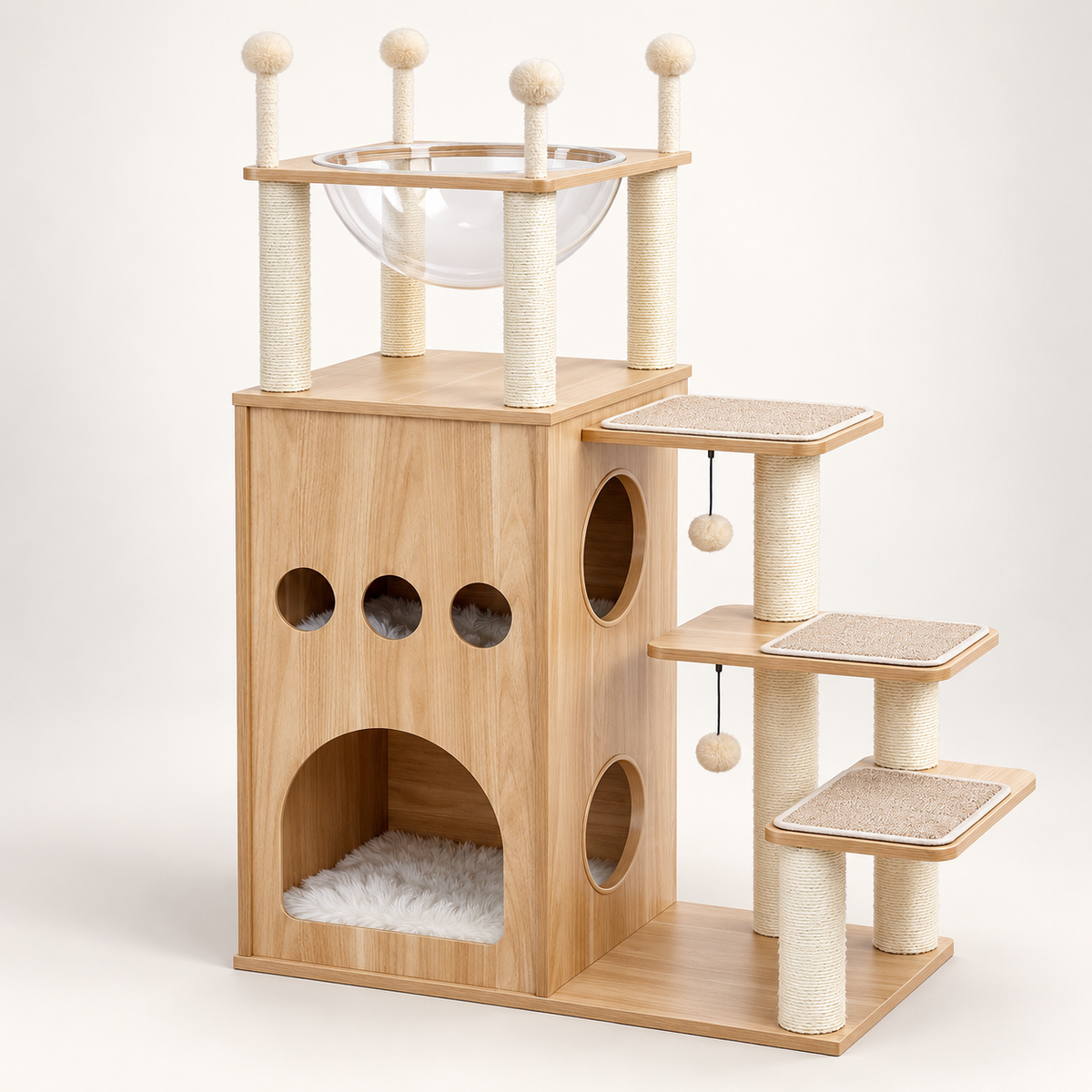 Vue d'ensemble sur fond neutre de l'arbre à chat Cabane 130 cm avec cabane en bois et escalier en sisal