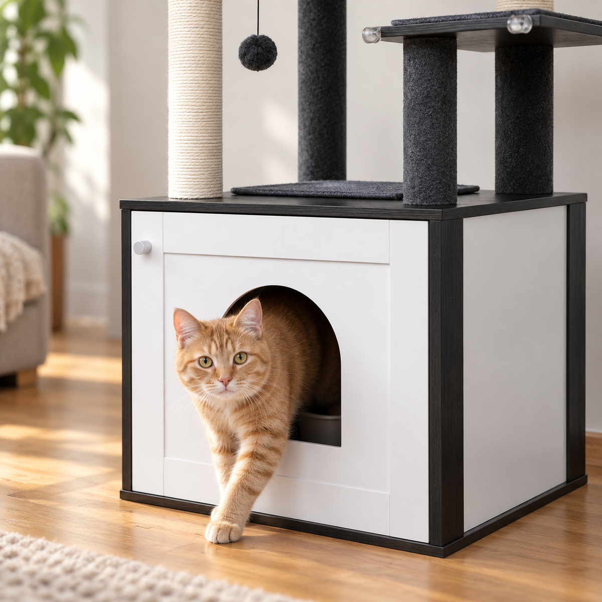 Chat sortant du meuble à litière noir et blanc de l'arbre à chat Refuge Noir par la porte en arche