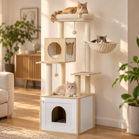 Arbre à chat Refuge Beige avec meuble à litière installé dans un salon, plusieurs chats sur la structure