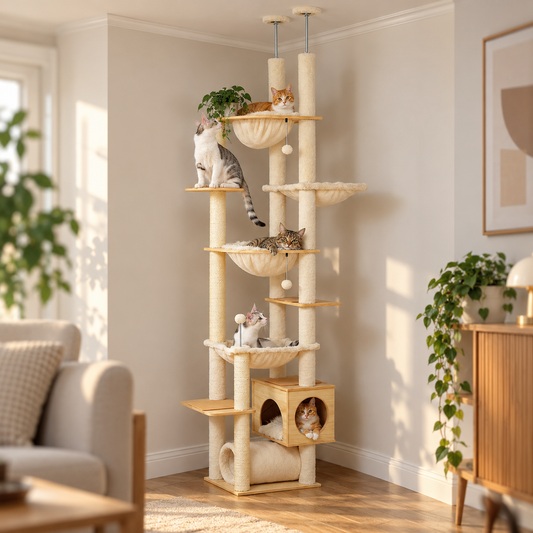 Arbre à chat Canopée sol-plafond installé dans un angle de salon avec plusieurs chats sur les hamacs