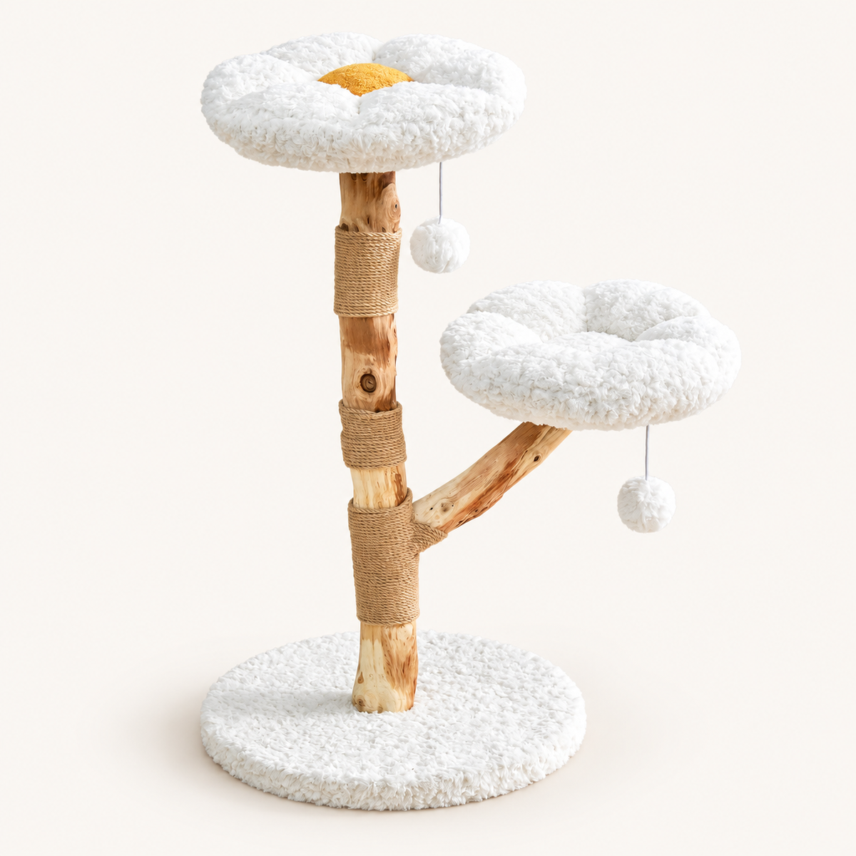 Arbre à chat Clairière sur fond clair : tronc en bois massif, deux perchoirs fleur et base ronde