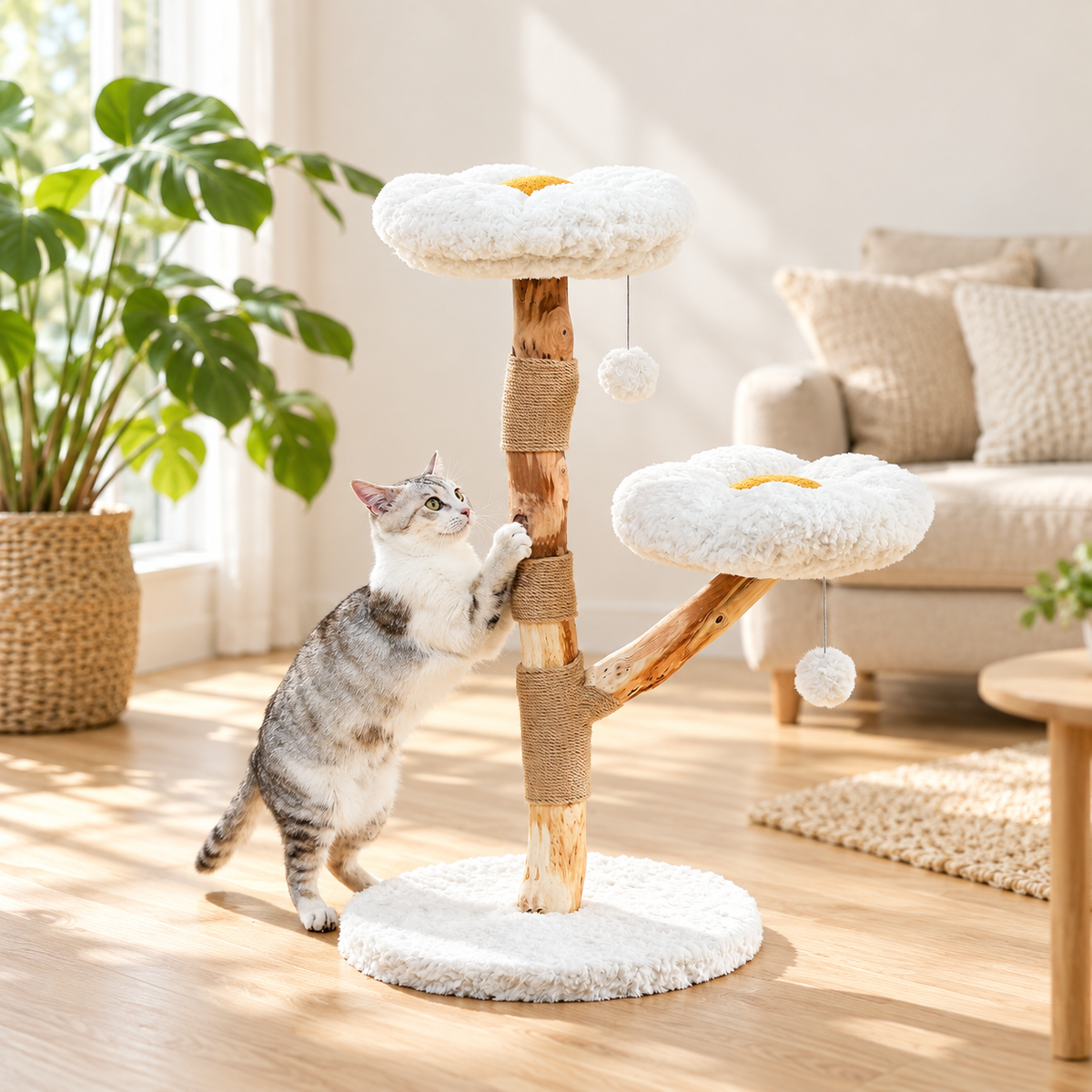Chat griffant le tronc gainé de corde de l'arbre à chat Clairière