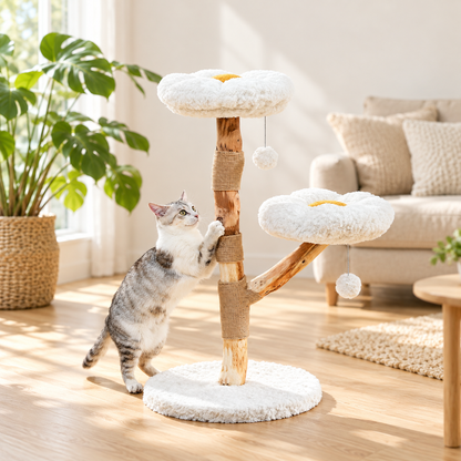 Chat griffant le tronc gainé de corde de l'arbre à chat Clairière