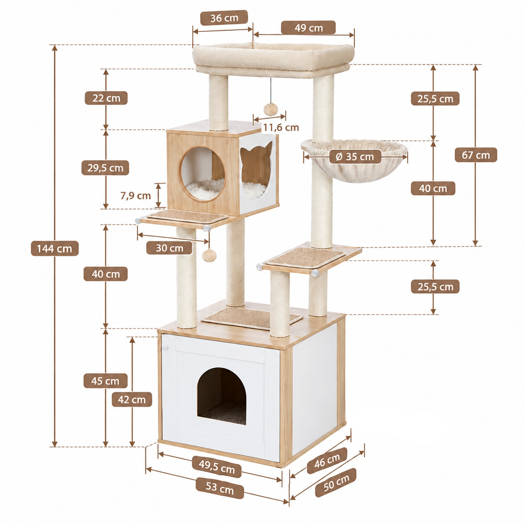 Schéma détaillé des dimensions de l'arbre à chat Refuge Beige : 144 cm de haut et meuble à litière