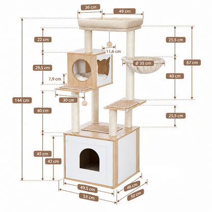 Schéma détaillé des dimensions de l'arbre à chat Refuge Beige : 144 cm de haut et meuble à litière