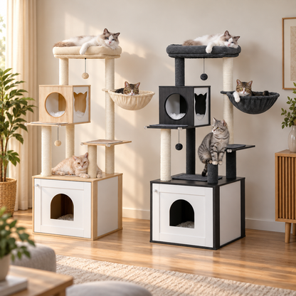 Comparaison des arbres à chat Refuge Beige et Refuge Noir avec meuble à litière, côte à côte