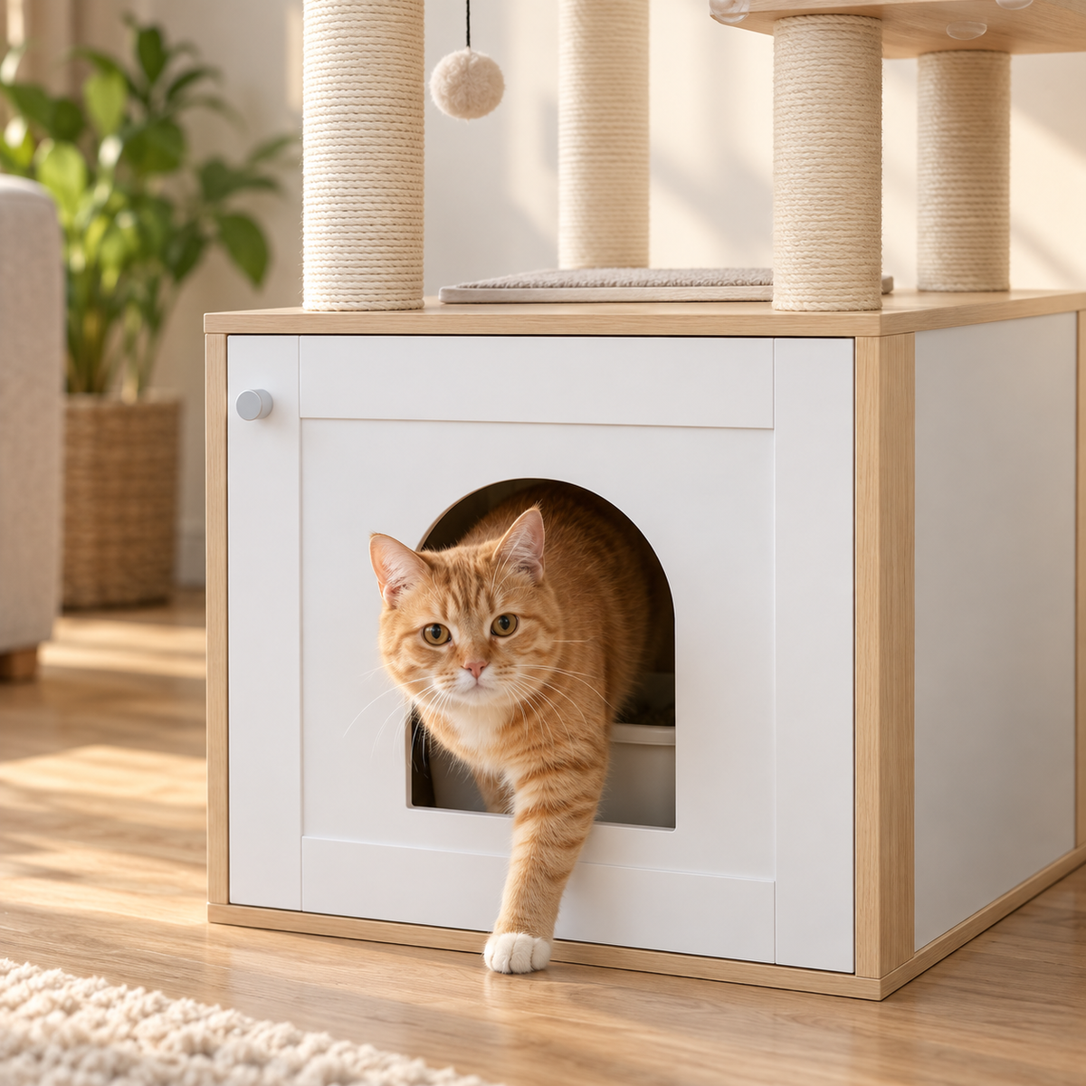 Chat sortant du meuble à litière de l'arbre à chat Refuge Beige par la porte en arche