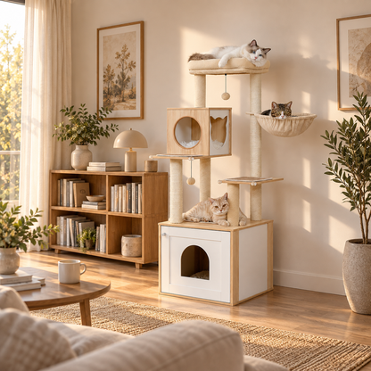 Vue large dans un salon lumineux de l'arbre à chat Refuge Beige avec meuble à litière fermé