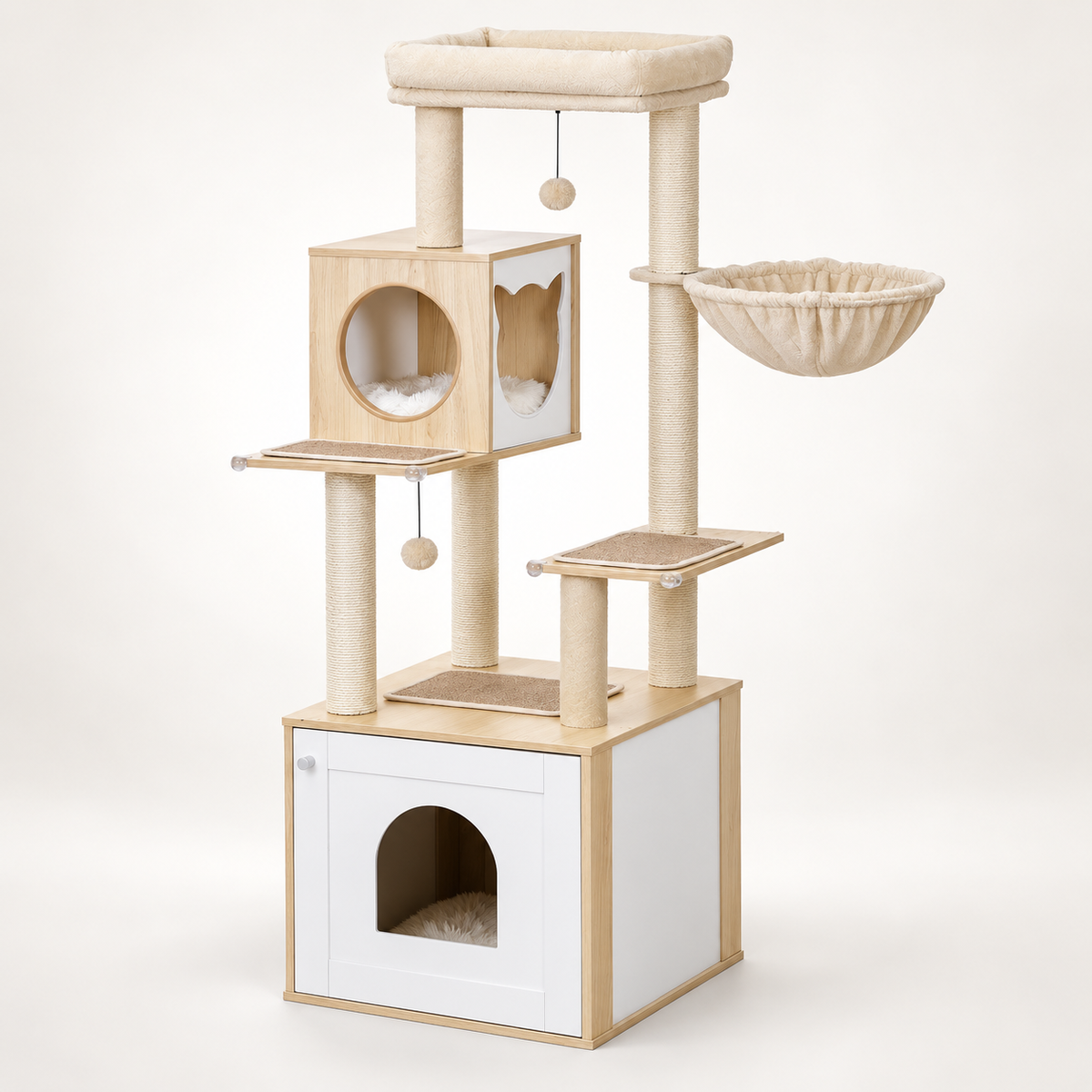 Vue d'ensemble sur fond neutre de l'arbre à chat Refuge Beige avec meuble à litière et niche en bois