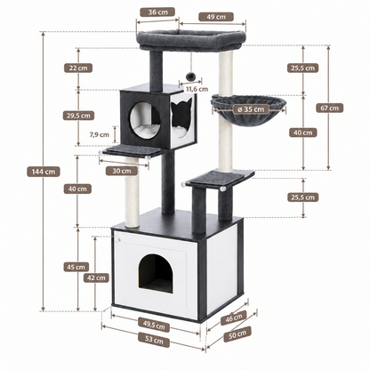 Schéma détaillé des dimensions de l'arbre à chat Refuge Noir : 144 cm de haut et meuble à litière