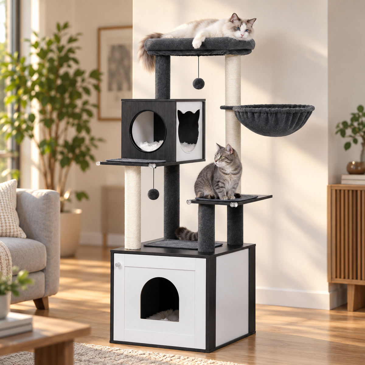 Arbre à chat Refuge Noir avec meuble à litière installé dans un salon, chats sur la structure noire et blanche