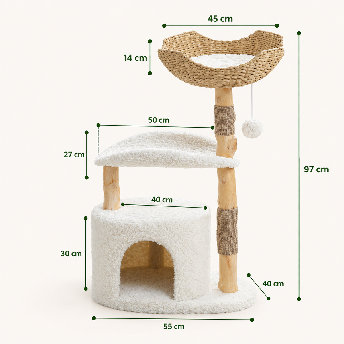 Dimensions de l'arbre à chat Nid : 97 cm de haut, panier de 45 cm, base de 55 cm