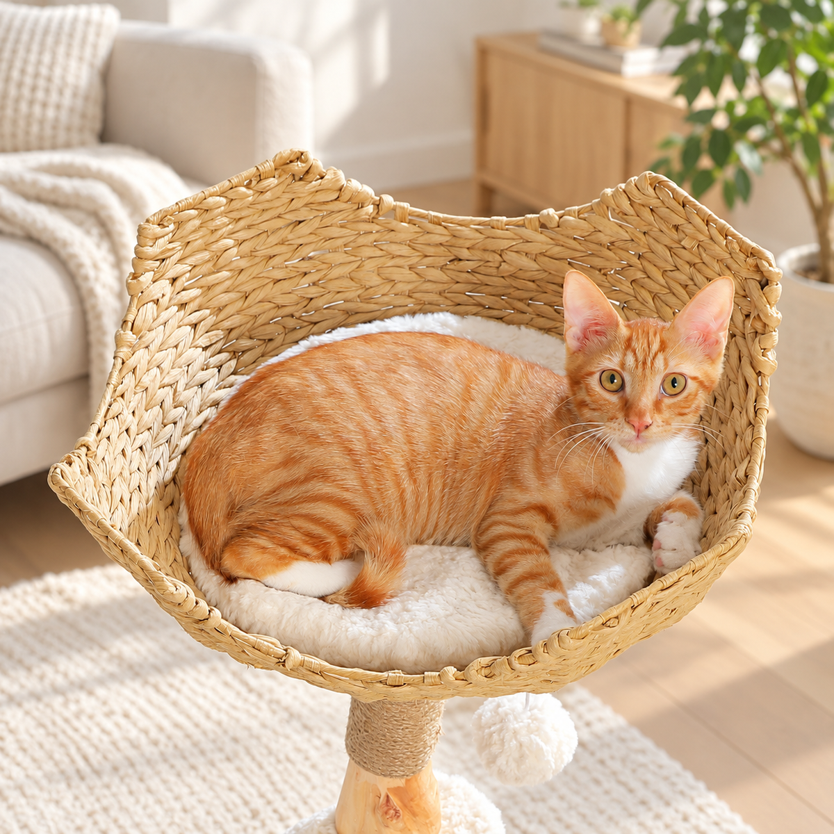 Chat roux couché dans le panier tressé de 45 cm de l'arbre à chat Nid