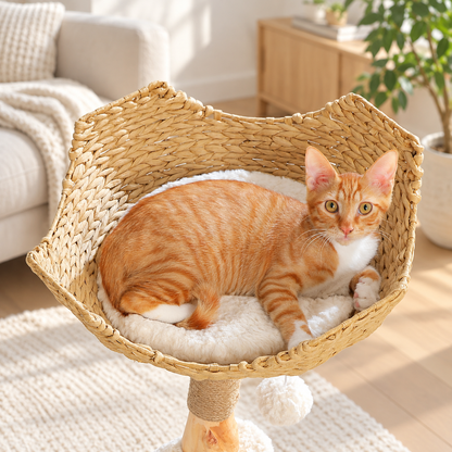Chat roux couché dans le panier tressé de 45 cm de l'arbre à chat Nid