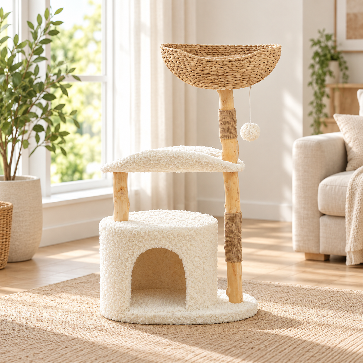 Arbre à chat Nid en bois massif avec panier tressé et niche dans un salon lumineux