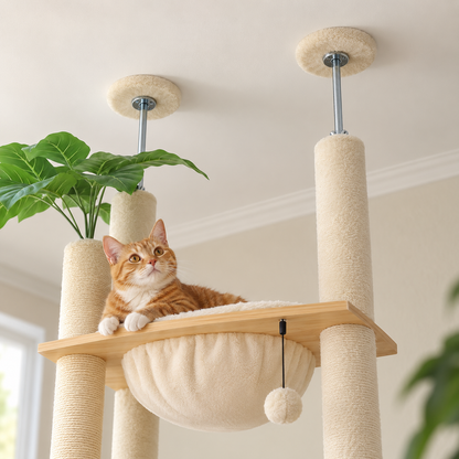 Chat installé dans le hamac du sommet de l'arbre à chat Canopée, fixation au plafond sans perçage