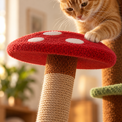 Chat grattant un perchoir en forme de champignon rouge de l'arbre à chat Cime Marron