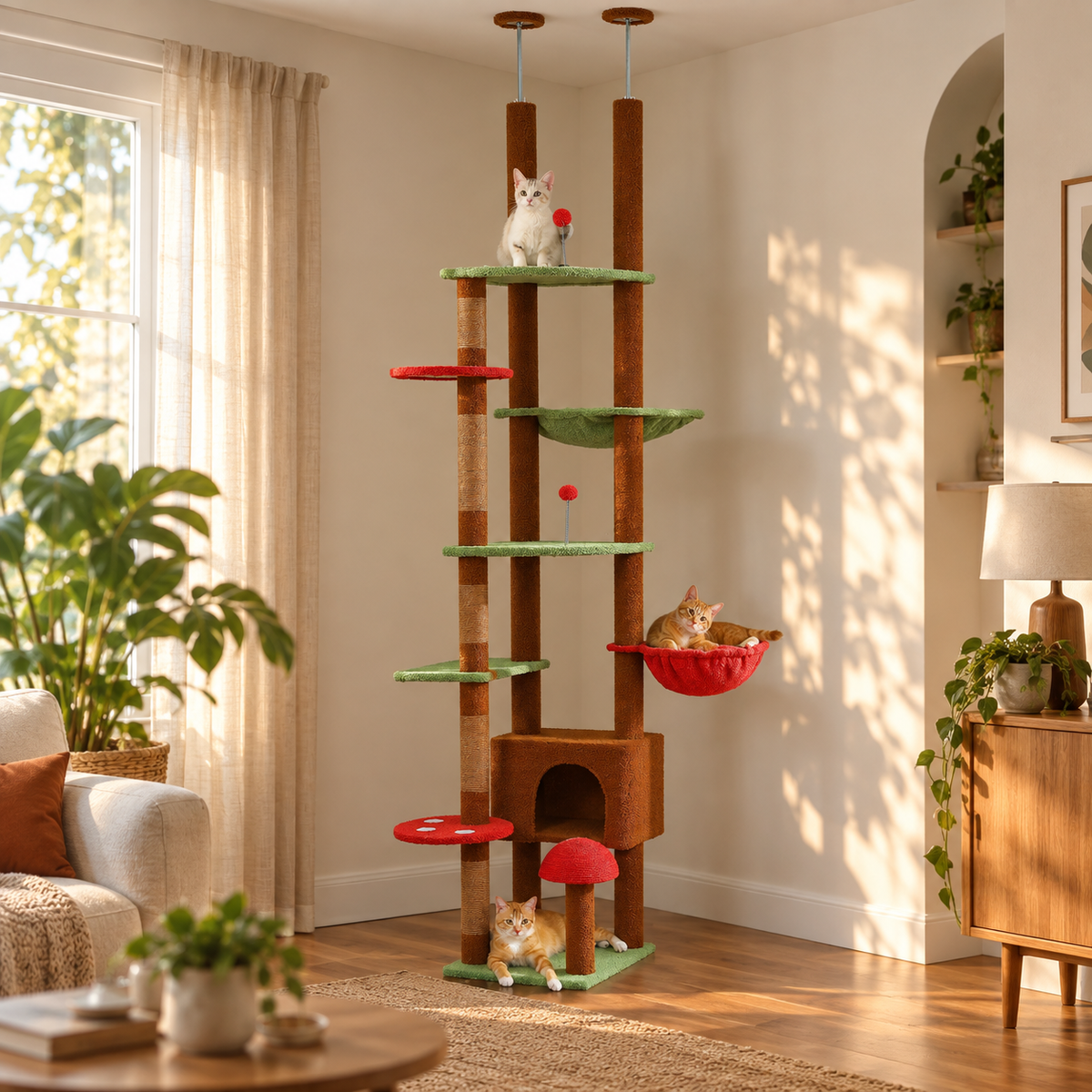 Arbre à chat Cime Marron sol-plafond installé dans un salon, plusieurs chatons sur les perchoirs champignons