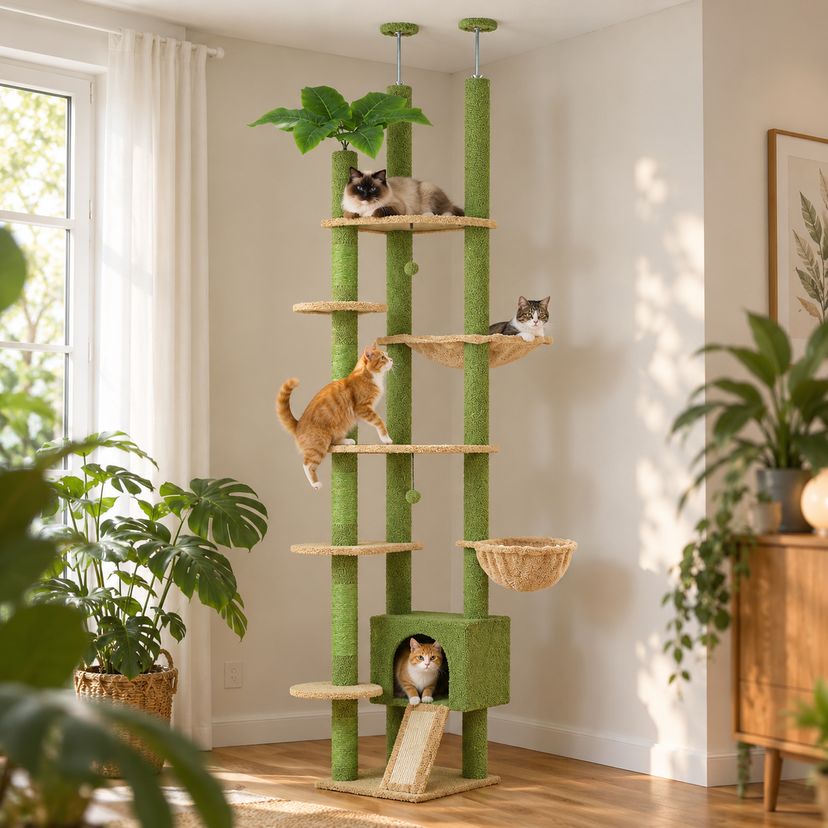 Trois chats installés sur l'arbre à chat Cime Vert sol-plafond près d'une fenêtre lumineuse