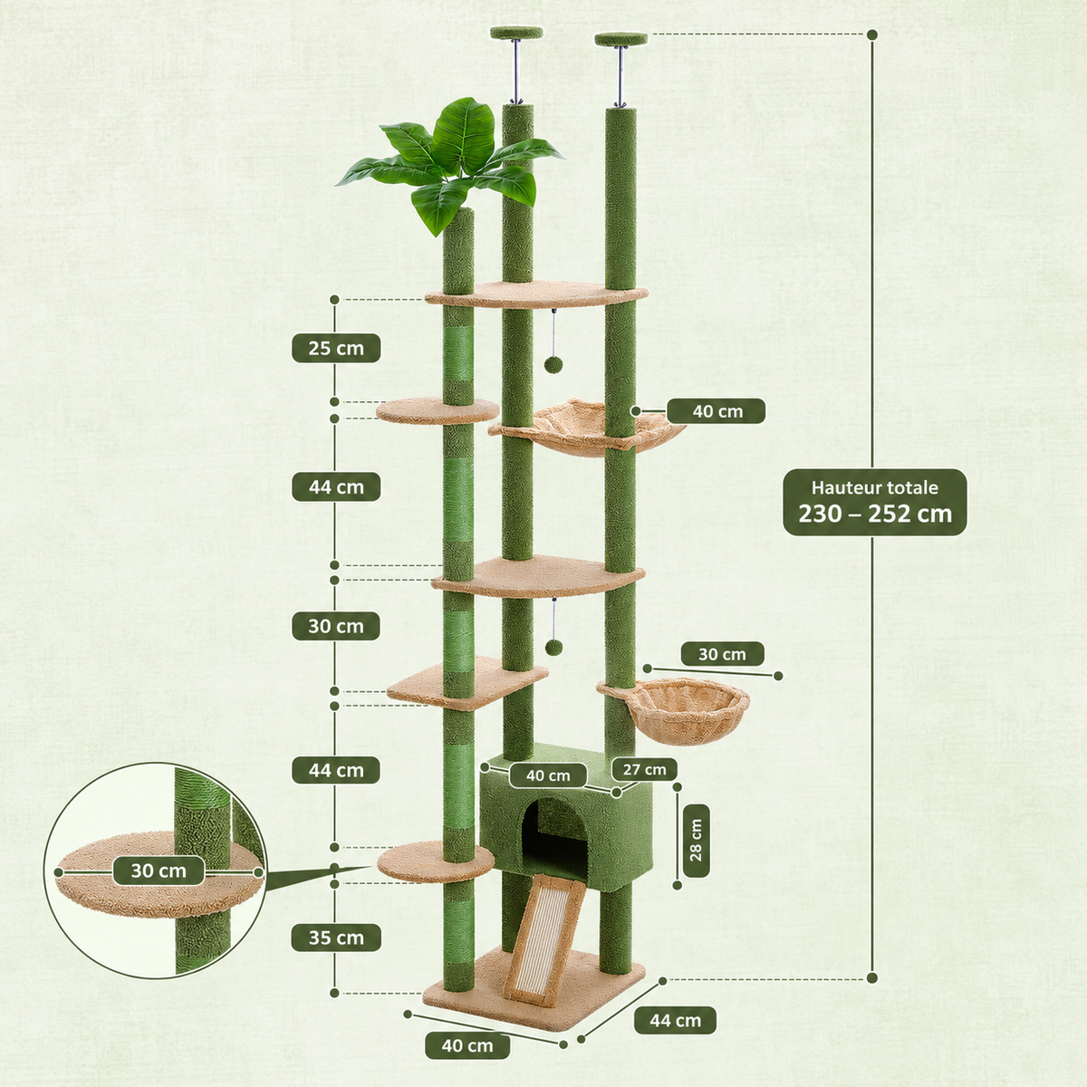 Schéma détaillé des dimensions de l'arbre à chat Cime Vert : hauteur réglable de 230 à 252 cm