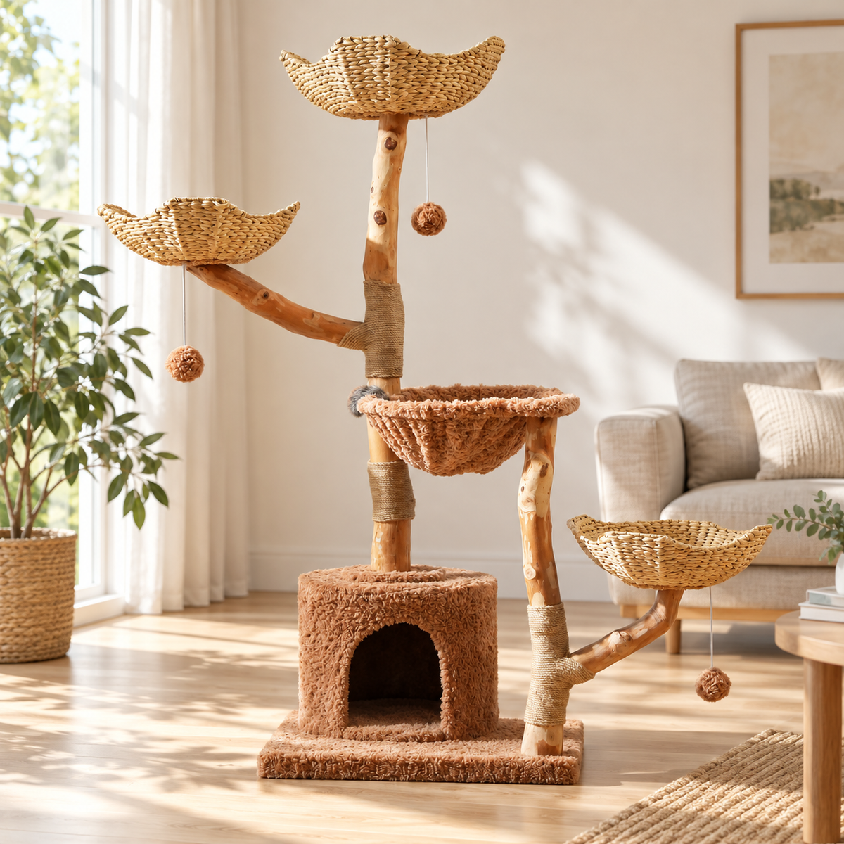 Grand arbre à chat Tonnelle 150 cm en bois massif à paniers tressés dans un salon lumineux
