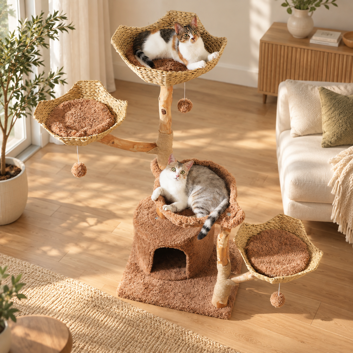 Deux chats installés sur le grand arbre à chat Tonnelle au soleil dans un salon