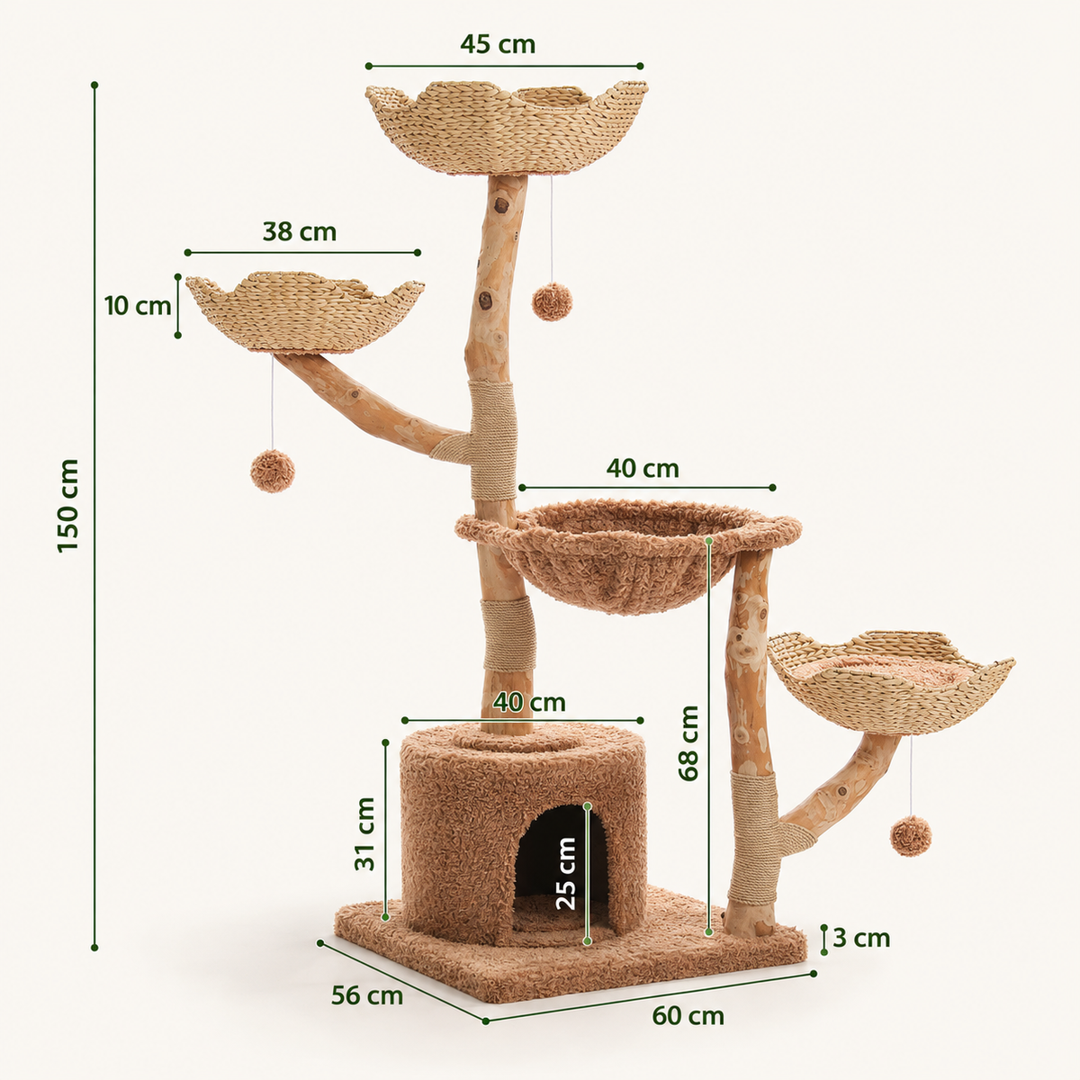 Dimensions de l'arbre à chat Tonnelle : 150 cm de haut, base de 60 × 56 cm, paniers de 38 et 45 cm