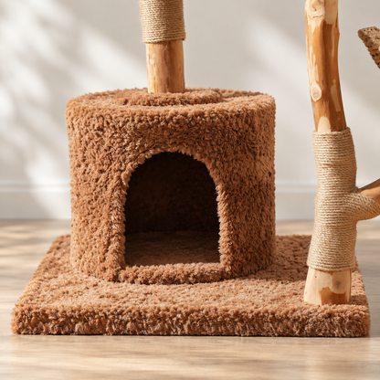 Niche en peluche marron au pied de l'arbre à chat Tonnelle