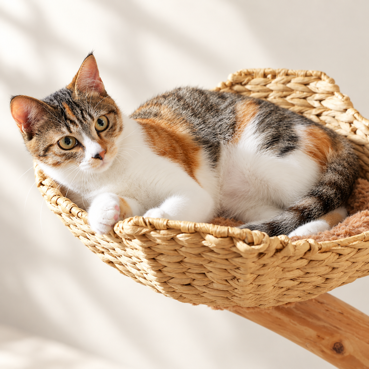 Chat couché dans un panier tressé de l'arbre à chat Tonnelle