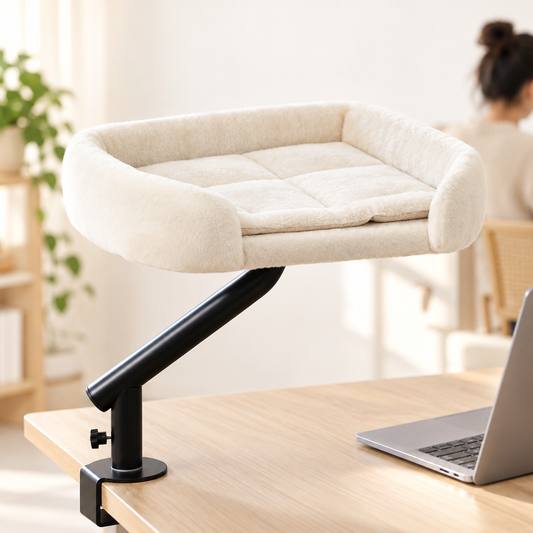 Lit de bureau rotatif pour chat Vigie fixé au bord d'un bureau