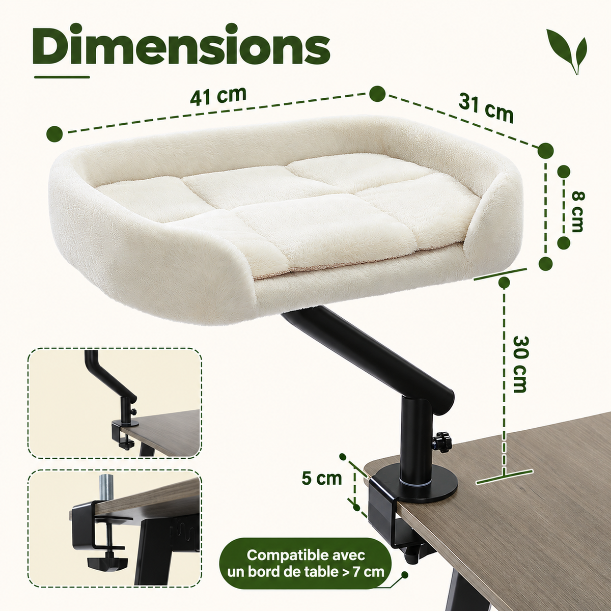 Dimensions du lit de bureau pour chat Vigie : couchage de 41 × 31 cm, rebord de 8 cm, 30 cm au-dessus du bureau