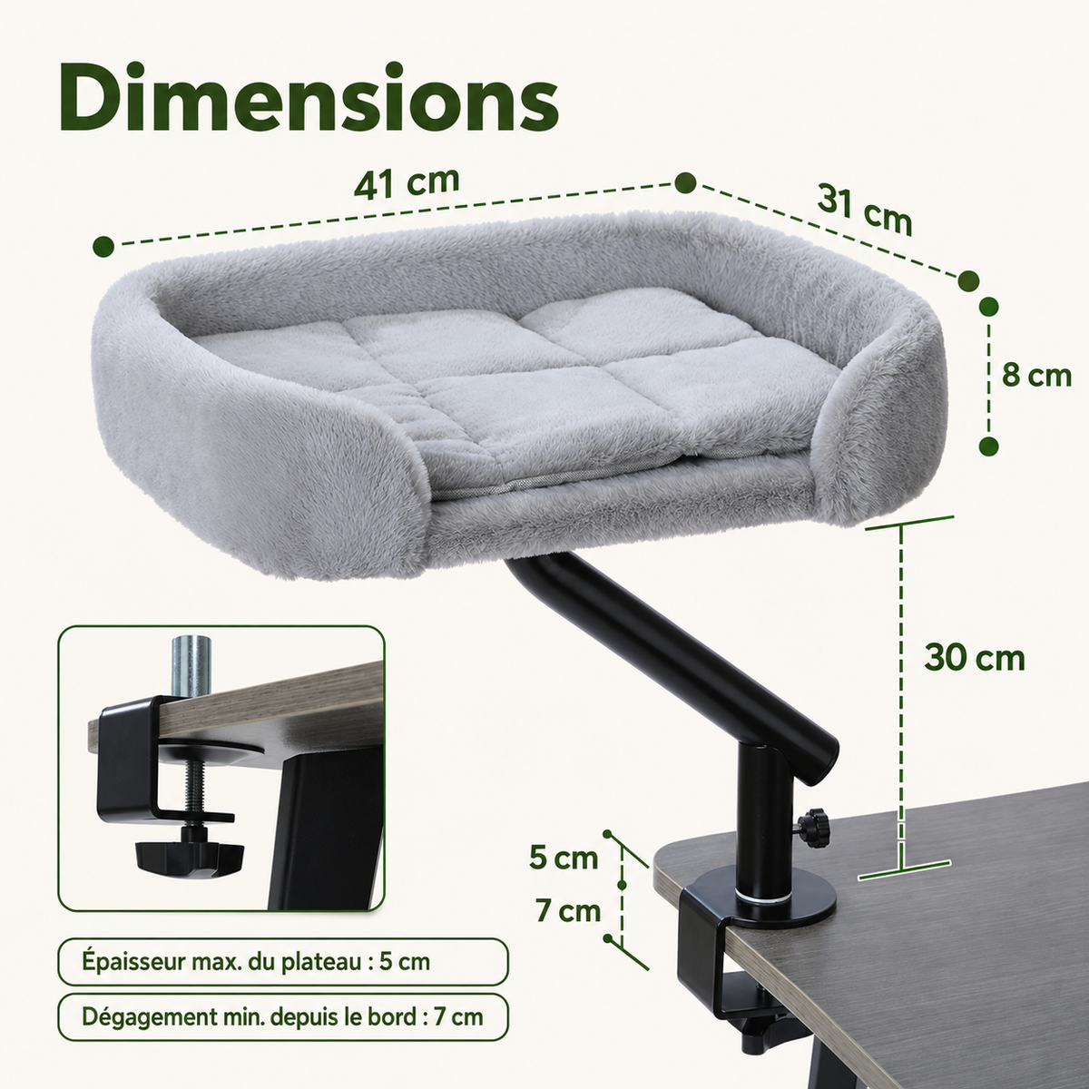 Fixation du lit Vigie : plateau de 5 cm d'épaisseur maximum et 7 cm de bord dégagé