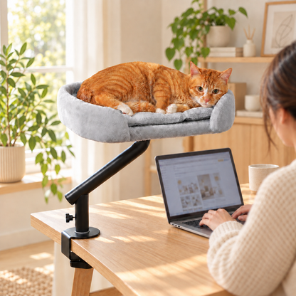 Chat roux couché dans le lit Vigie gris fixé au bureau, à côté d'une personne en télétravail