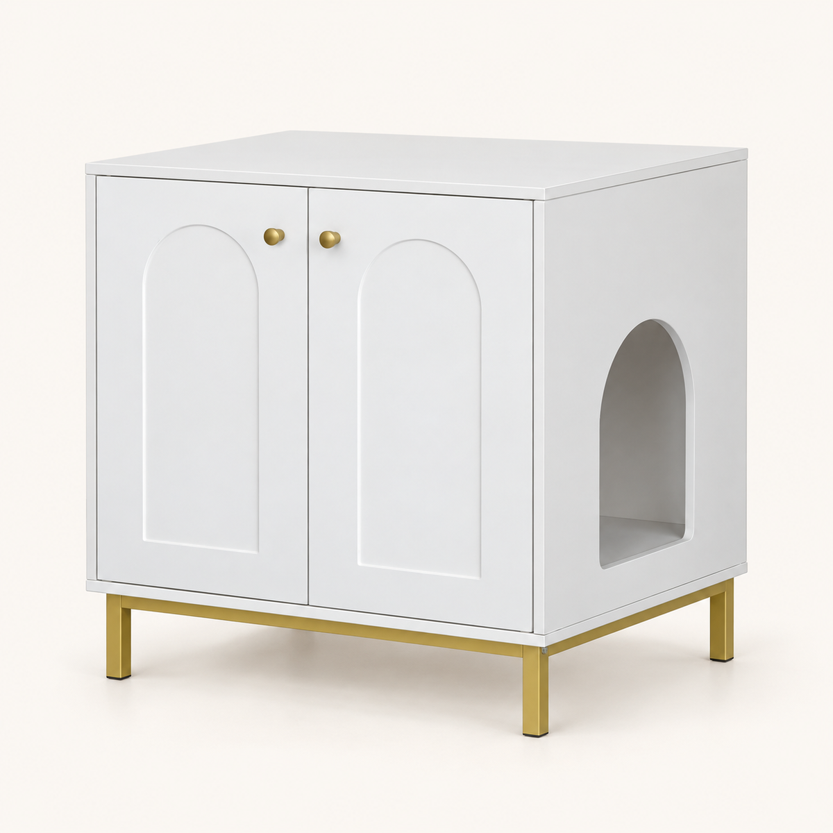 Meuble cache-litière Console blanc à doubles portes en arche et pieds dorés