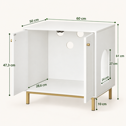 Dimensions du meuble cache-litière Console : 60 × 50 × 61 cm, hauteur intérieure 47,3 cm