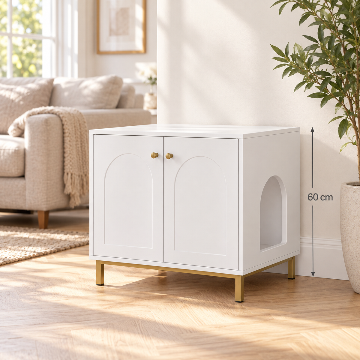 Meuble cache-litière Console avec ouverture latérale en arche pour le chat