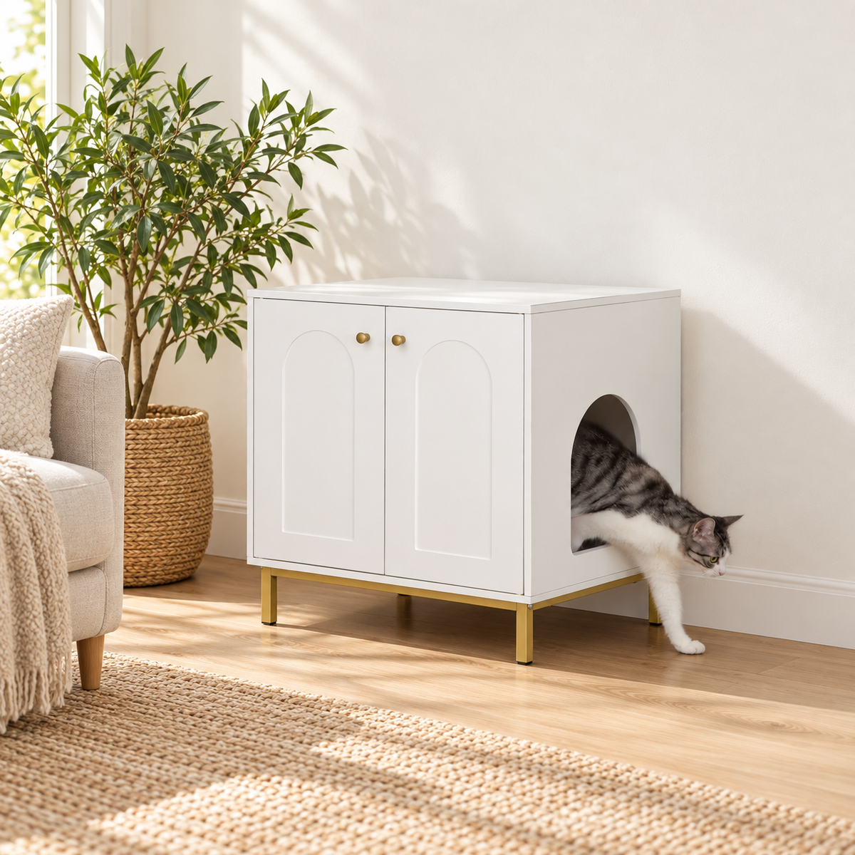 Chat sortant du meuble cache-litière Console blanc et doré dans un salon