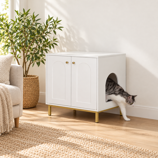 Chat sortant du meuble cache-litière Console blanc et doré dans un salon